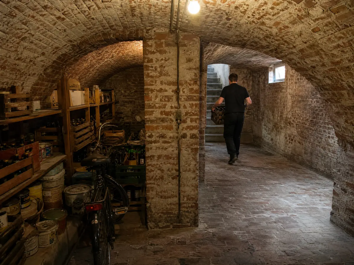 Half-cleared vaulted brick cellar under an Antwerpen townhouse during a clearance
