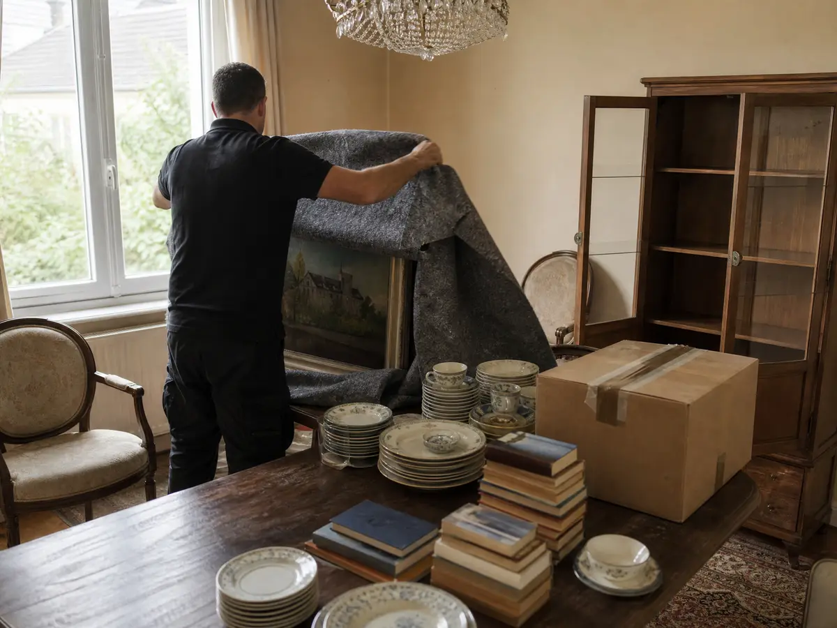Crew member wraps a framed painting in a blanket while sorting belongings during an estate clearance in Antwerpen