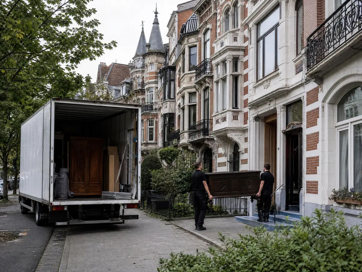 Two crew members carry a wooden cabinet from a Zurenborg townhouse to a white box truck during a house clearance in Antwerpen
